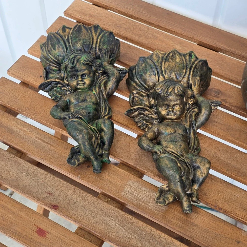 Vtg Inarco Cherub Wall Pocket Set Gold Winged Angel Planter light weight patina